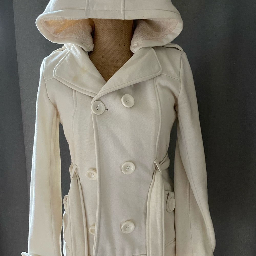Cream pea coat with faux fur hood